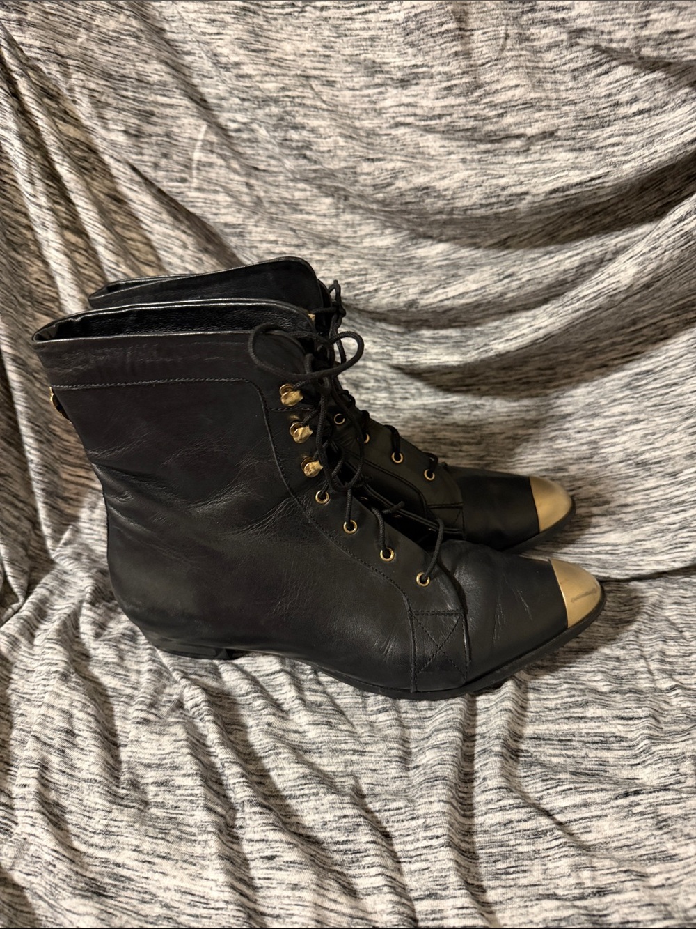 Miista Black Leather Lace-Up Ankle Boots with Gold Toe Cap and Gold Back Accent - Picture 6 of 11